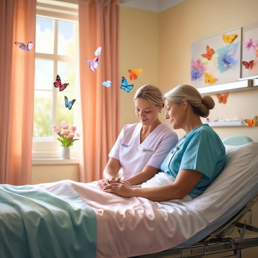 A compassionate nurse supporting a patient in a serene hospital room, filled with sunlight. Include symbols of hope, such as butterflies and blooming flowers around the scene. Show warm interactions, illustrating empowerment and support in the cancer journey. Soft pastel colors, calming atmosphere. super-realistic. vibrant colors.
