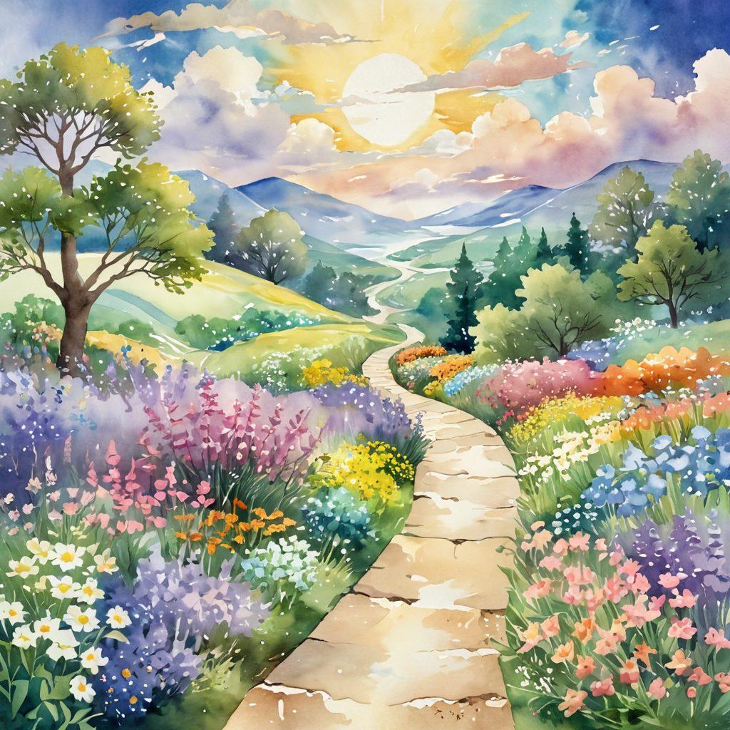 A serene landscape depicting a winding path symbolizing the journey from diagnosis to recovery, filled with blooming flowers and sunlight breaking through clouds. Include a figure meditating along the path, surrounded by gentle colors that evoke hope and tranquility. Emphasize elements representing wellness, like healthy foods and supportive community symbols scattered along the way. soft watercolor style. calming palette.