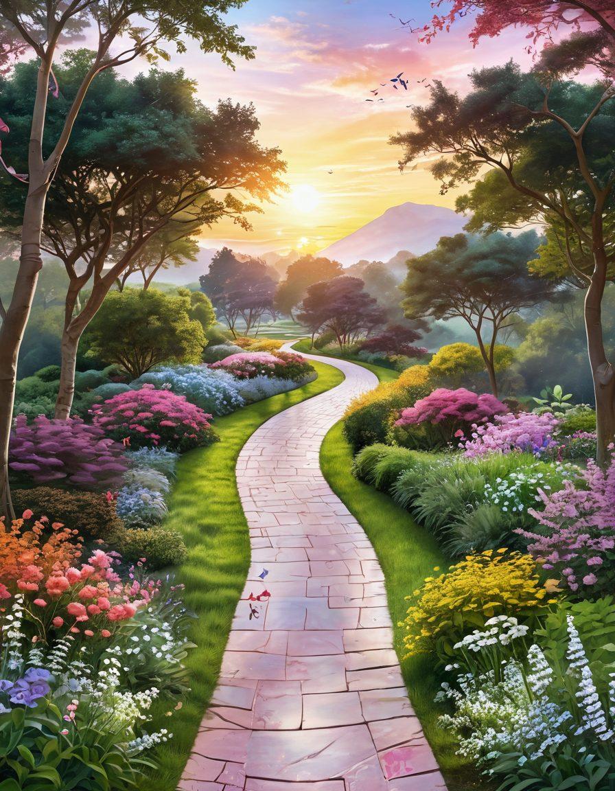 A serene landscape depicting a winding path leading through a lush park, symbolizing the journey of cancer care, with supportive figures holding hands along the path. Incorporate subtle hints of medical symbols like ribbons and hearts, while illustrating diverse support groups gathered, sharing stories. The background features a bright sunrise, symbolizing hope and new beginnings. super-realistic. vibrant colors. peaceful atmosphere.